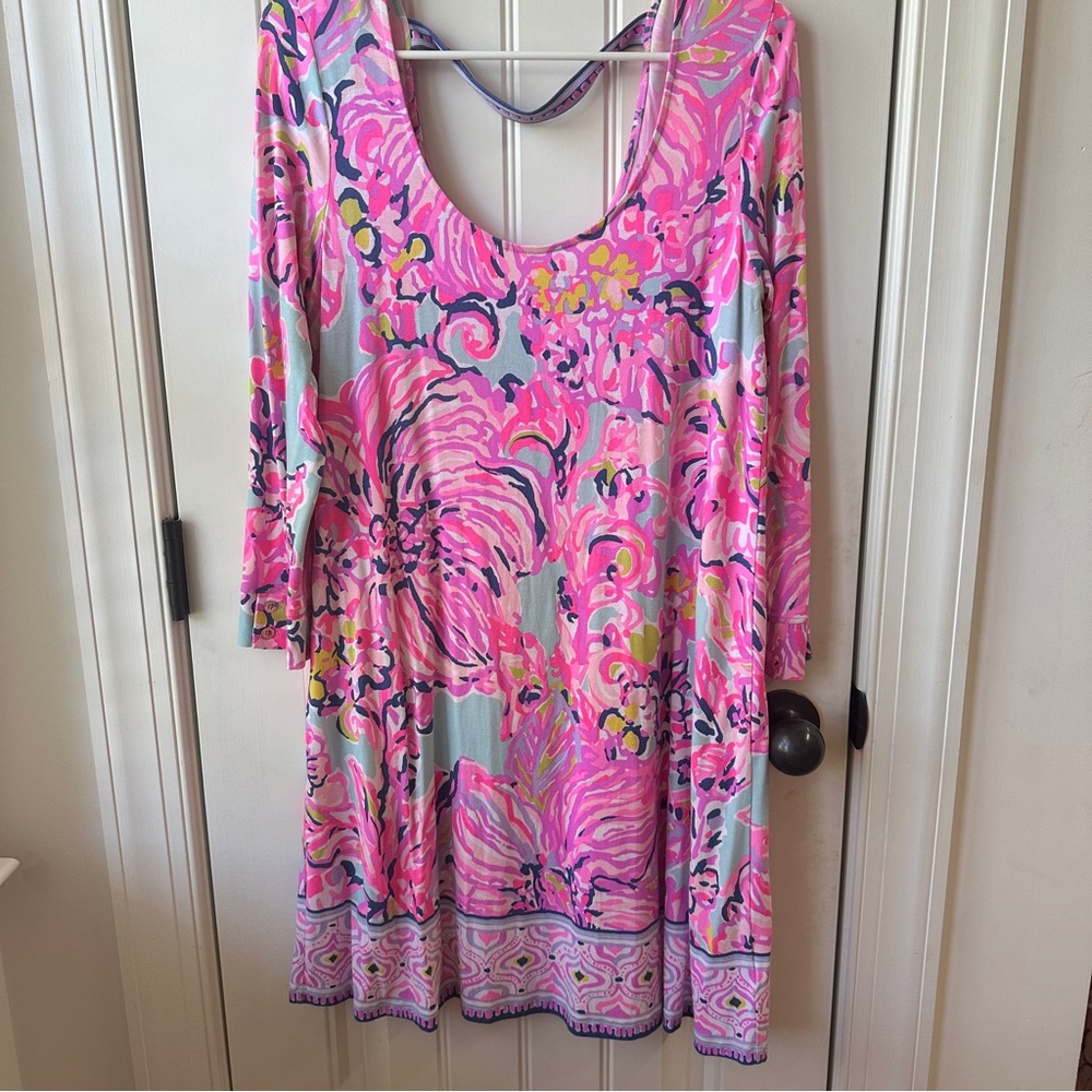 Lilly Pulitzer Serene Blue Pink Big Escapade Emma Jersey Dress Size Medium